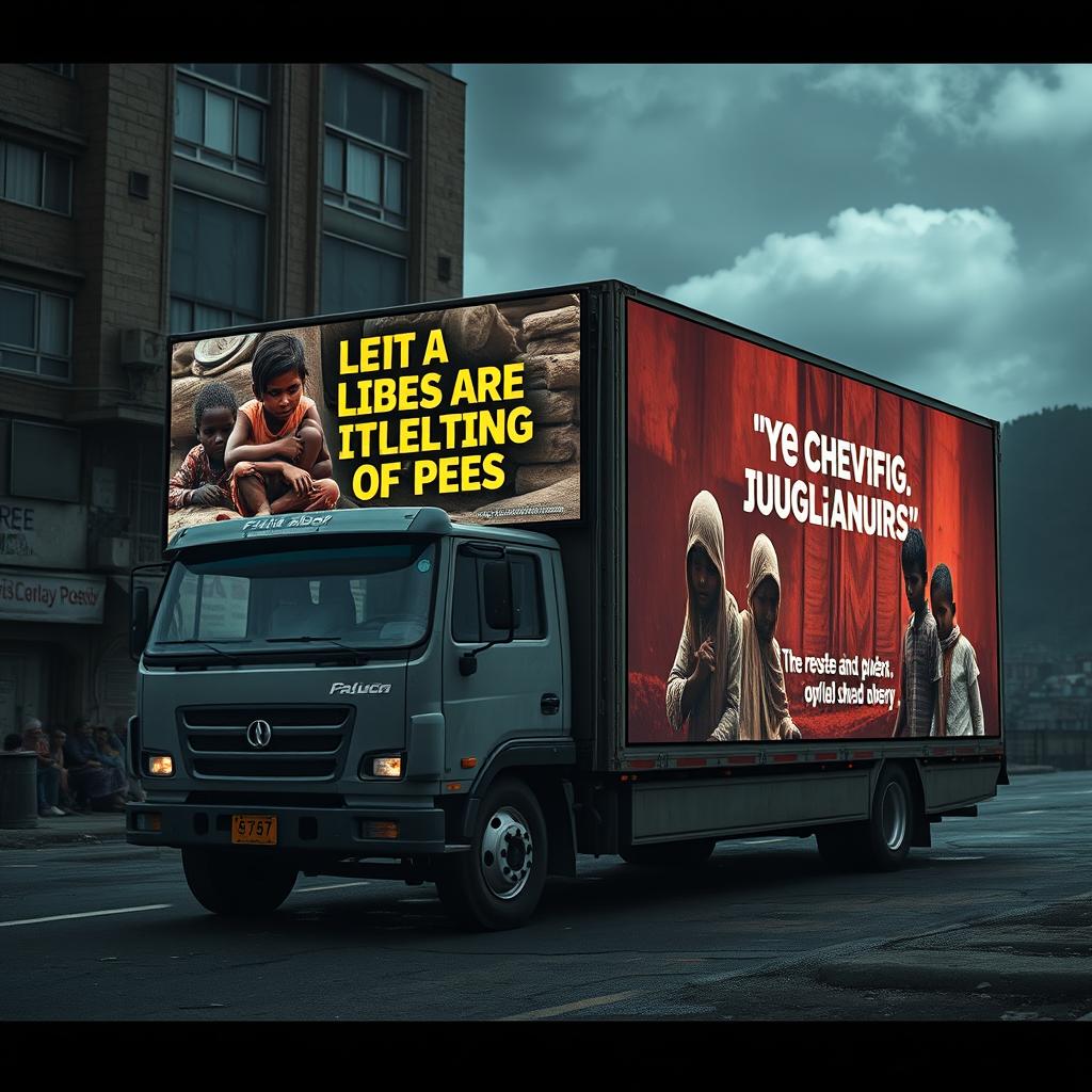 A dramatic scene featuring a truck adorned with large digital screens displaying an impactful, thought-provoking message about child labor in textile factories
