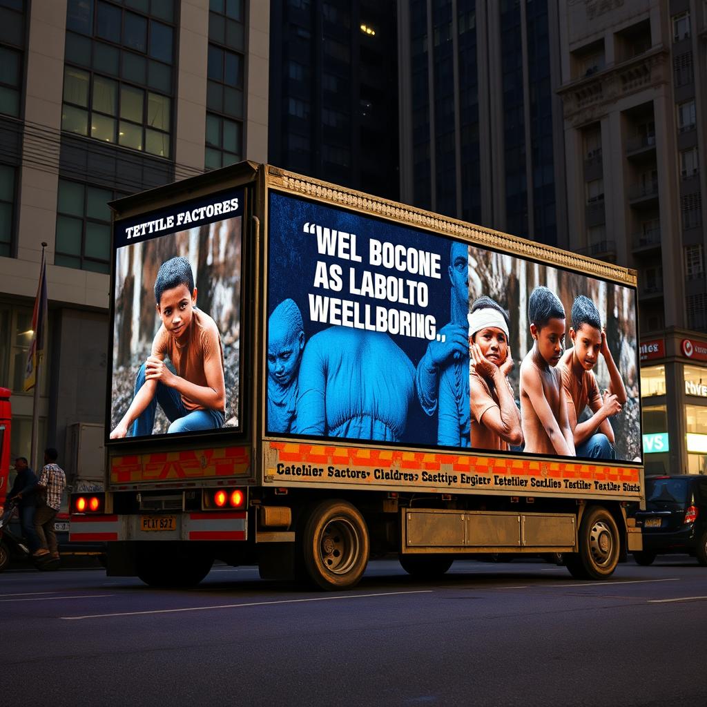 A powerful scene depicting a truck equipped with prominent digital screens that display shocking imagery related to child labor in textile factories