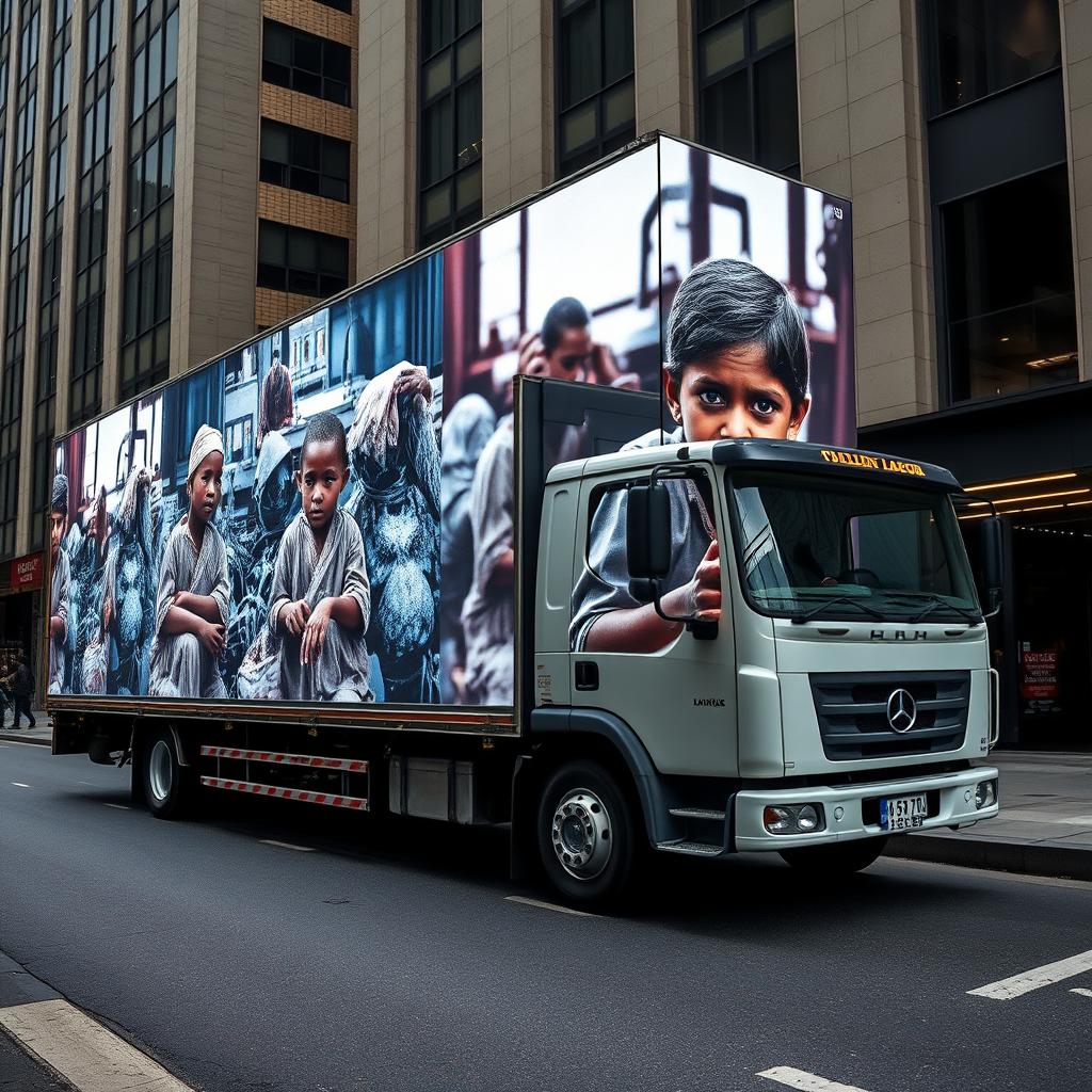 A striking scene of a truck equipped with large digital screens displaying alarming visuals of children being forced to work in textile factories