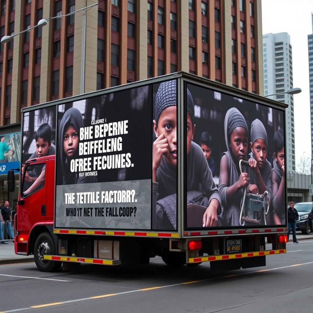 A compelling scene featuring a truck equipped with large digital screens displaying powerful imagery that highlights the exploitation of children being forced to work in textile factories