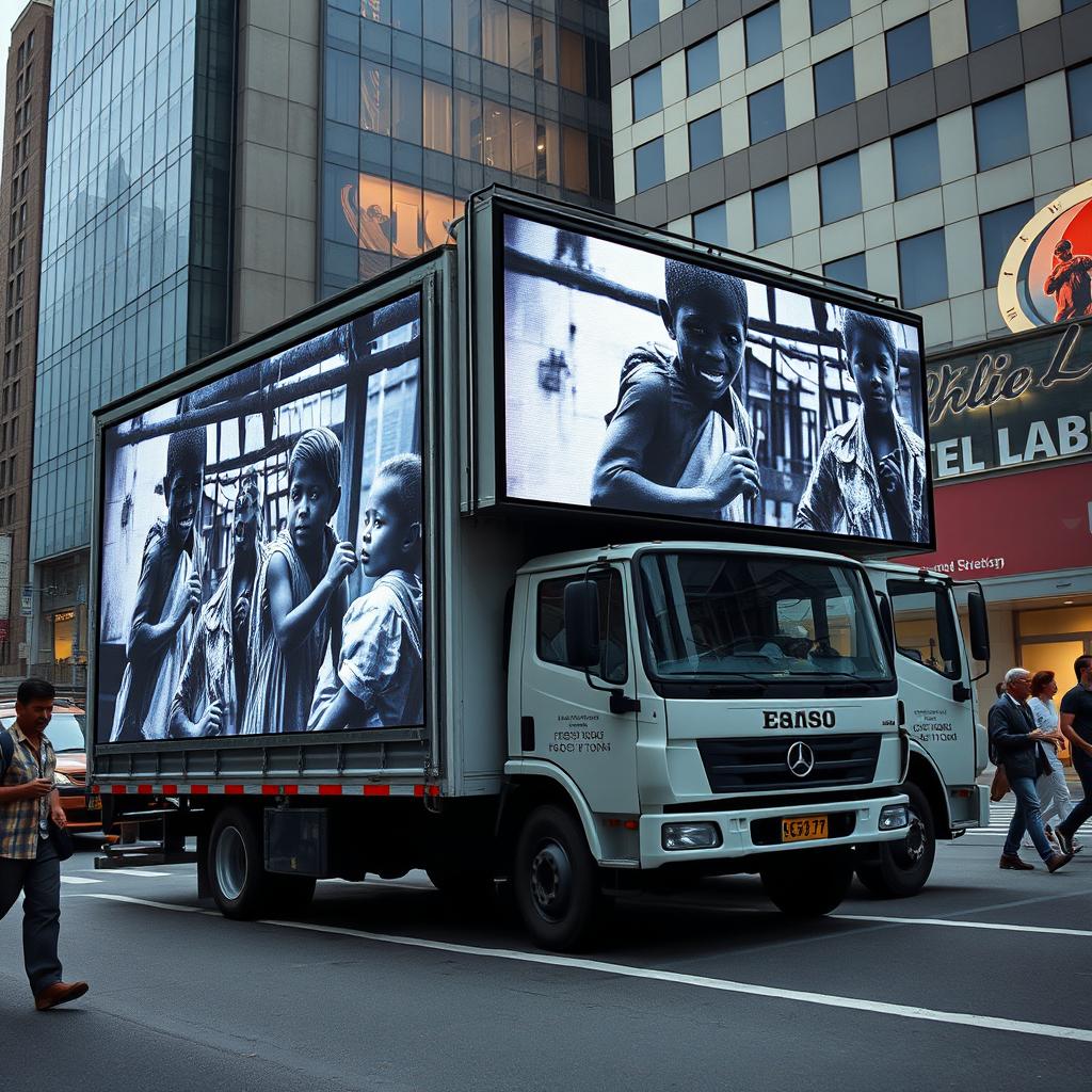 A striking image of a truck outfitted with large digital screens, displaying harrowing visuals that depict children being forced into labor in textile factories