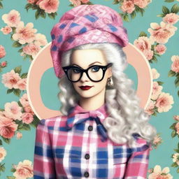 Marie Antoinette depicted in 2000s hipster fashion, combining the grandeur of her royal aesthetic with elements of retro-modern culture such as plaid shirts, thick glasses, and a beanie. Incorporate vintage colors for a nostalgic feel