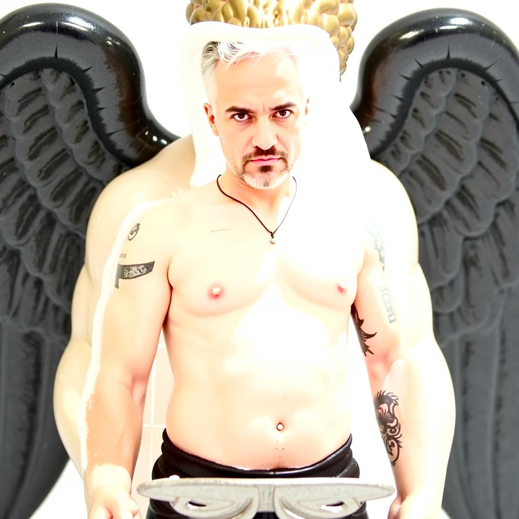 A muscular man with silver hair and tattoos, confidently posing with a serious expression