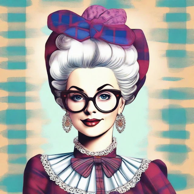 Marie Antoinette depicted in 2000s hipster fashion, combining the grandeur of her royal aesthetic with elements of retro-modern culture such as plaid shirts, thick glasses, and a beanie. Incorporate vintage colors for a nostalgic feel