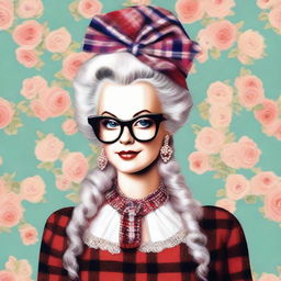 Marie Antoinette depicted in 2000s hipster fashion, combining the grandeur of her royal aesthetic with elements of retro-modern culture such as plaid shirts, thick glasses, and a beanie. Incorporate vintage colors for a nostalgic feel