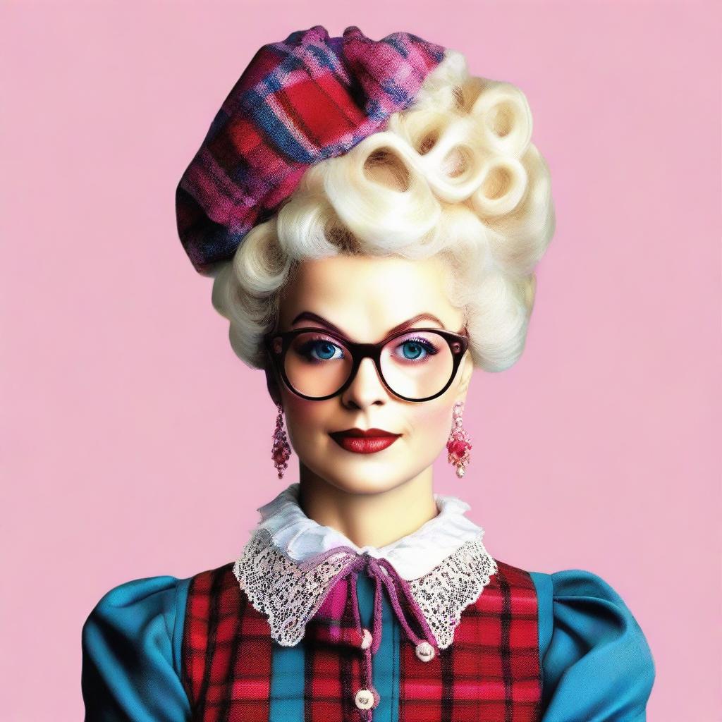 Marie Antoinette depicted in 2000s hipster fashion, combining the grandeur of her royal aesthetic with elements of retro-modern culture such as plaid shirts, thick glasses, and a beanie. Incorporate vintage colors for a nostalgic feel