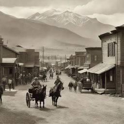 Calgary, Alberta in the 1900s during the cowboy era. Display rustic wooden buildings, horse-drawn carriages on dusty streets, men in cowboy attire, and the Rocky Mountains in the backdrop with a nostalgic sepia-tone effect