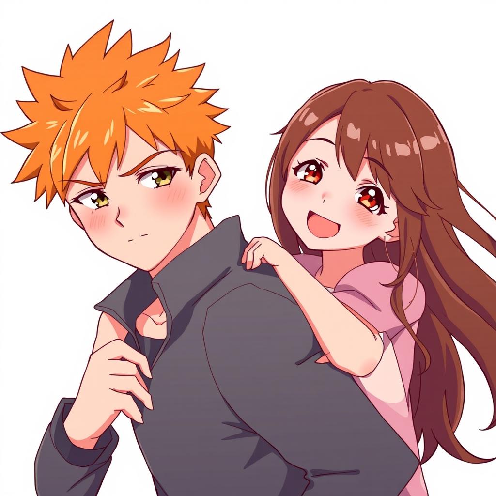 A young anime couple in a romantic pose, the male character has spiky orange hair and a serious yet slightly affectionate expression