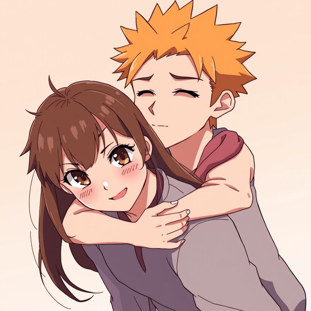 An adult anime couple in a romantic pose, the male character has spiky orange hair and a serious yet slightly affectionate expression