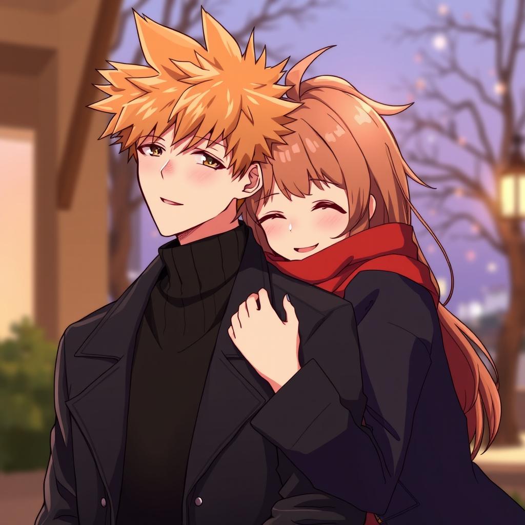 An anime-style illustration of a young couple in a warm, intimate moment
