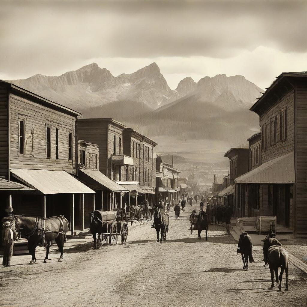 Calgary, Alberta in the 1900s during the cowboy era. Display rustic wooden buildings, horse-drawn carriages on dusty streets, men in cowboy attire, and the Rocky Mountains in the backdrop with a nostalgic sepia-tone effect