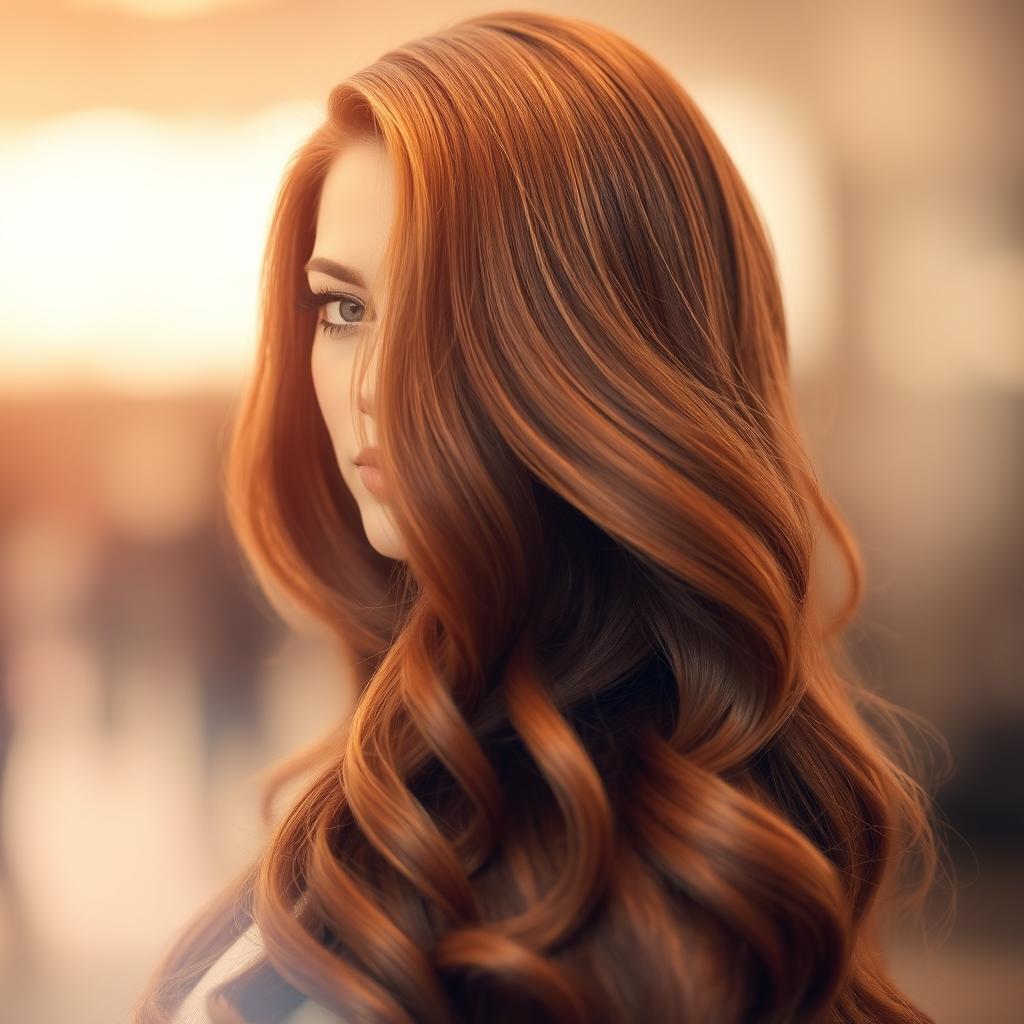 A long, flowing mane of hair, glistening in the light, with a soft, wavy texture that cascades down the shoulders