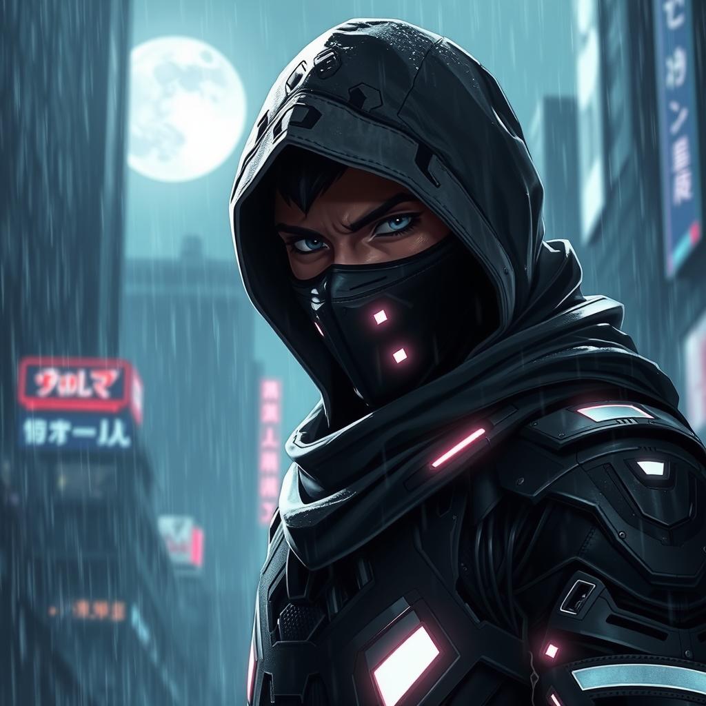 A futuristic ninja with a piercing gaze, standing under a cold rain with moonlight illuminating the scene
