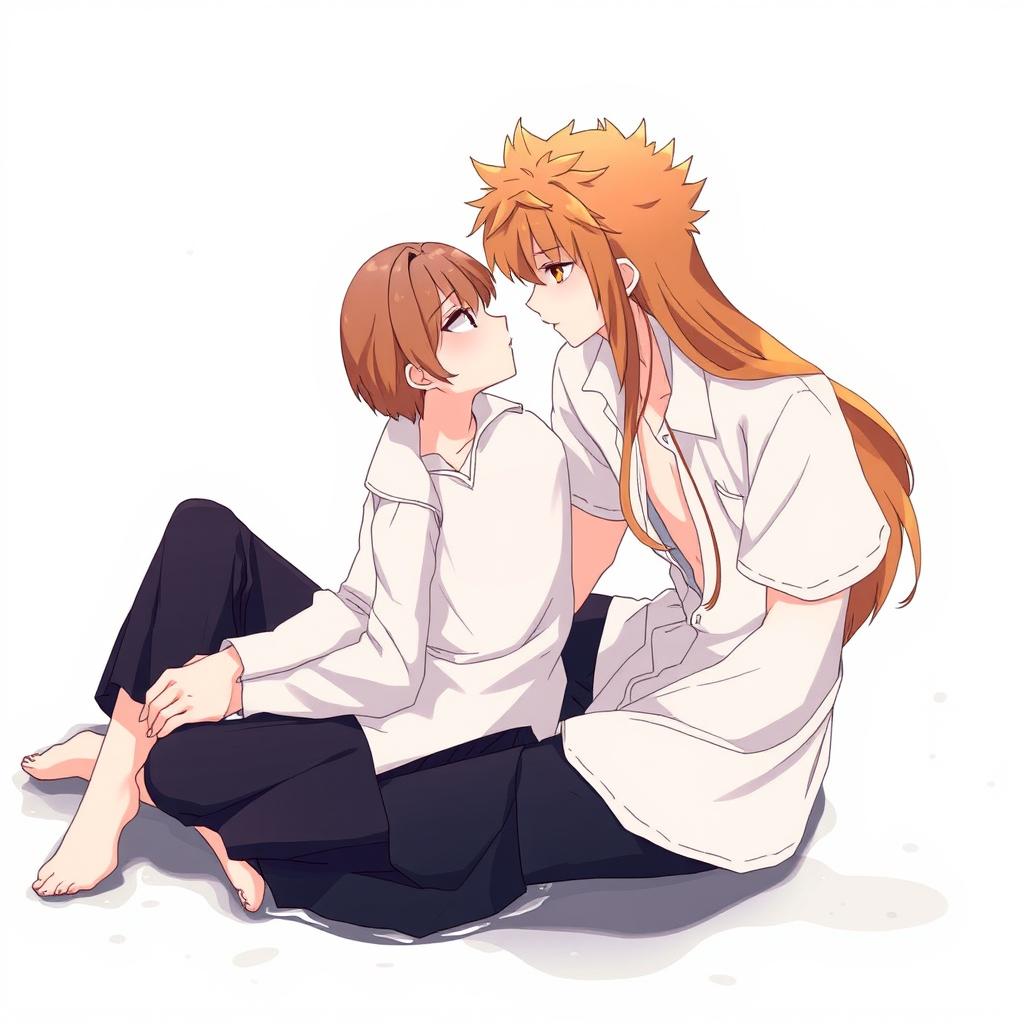 An anime-style illustration of a young couple sitting closely on a wet surface, gazing into each other's eyes with deep emotion