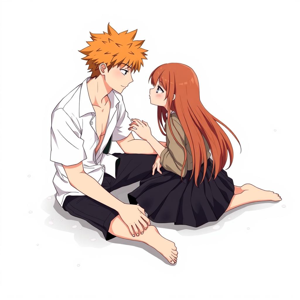 An anime-style illustration of a young couple sitting closely on a wet surface, gazing deeply into each other's eyes, expressing strong emotions
