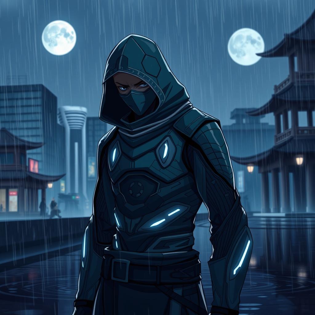 A futuristic ninja with a sad expression, standing under a cold rain, illuminated by soft moonlight