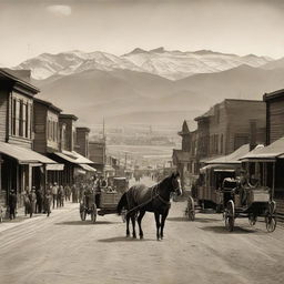 Calgary, Alberta in the 1900s during the cowboy era. Display rustic wooden buildings, horse-drawn carriages on dusty streets, men in cowboy attire, and the Rocky Mountains in the backdrop with a nostalgic sepia-tone effect