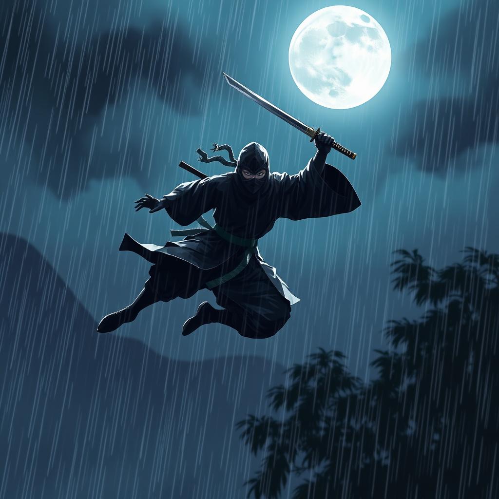 A magnificent ninja, dressed in traditional attire, leaping gracefully through the air with a beautiful katana in hand
