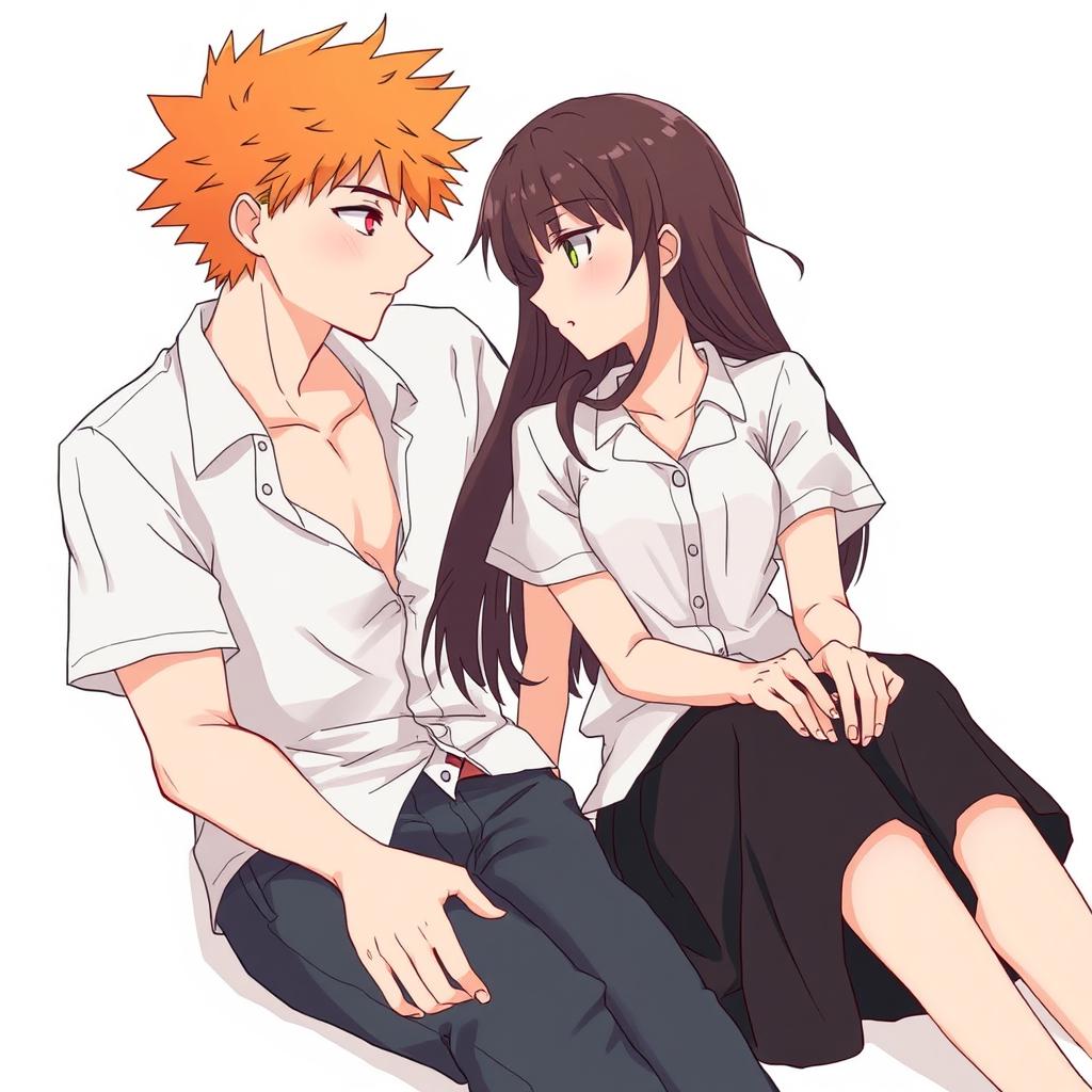 An anime-style illustration of a young couple sitting closely together, gazing into each other's eyes with deep emotion