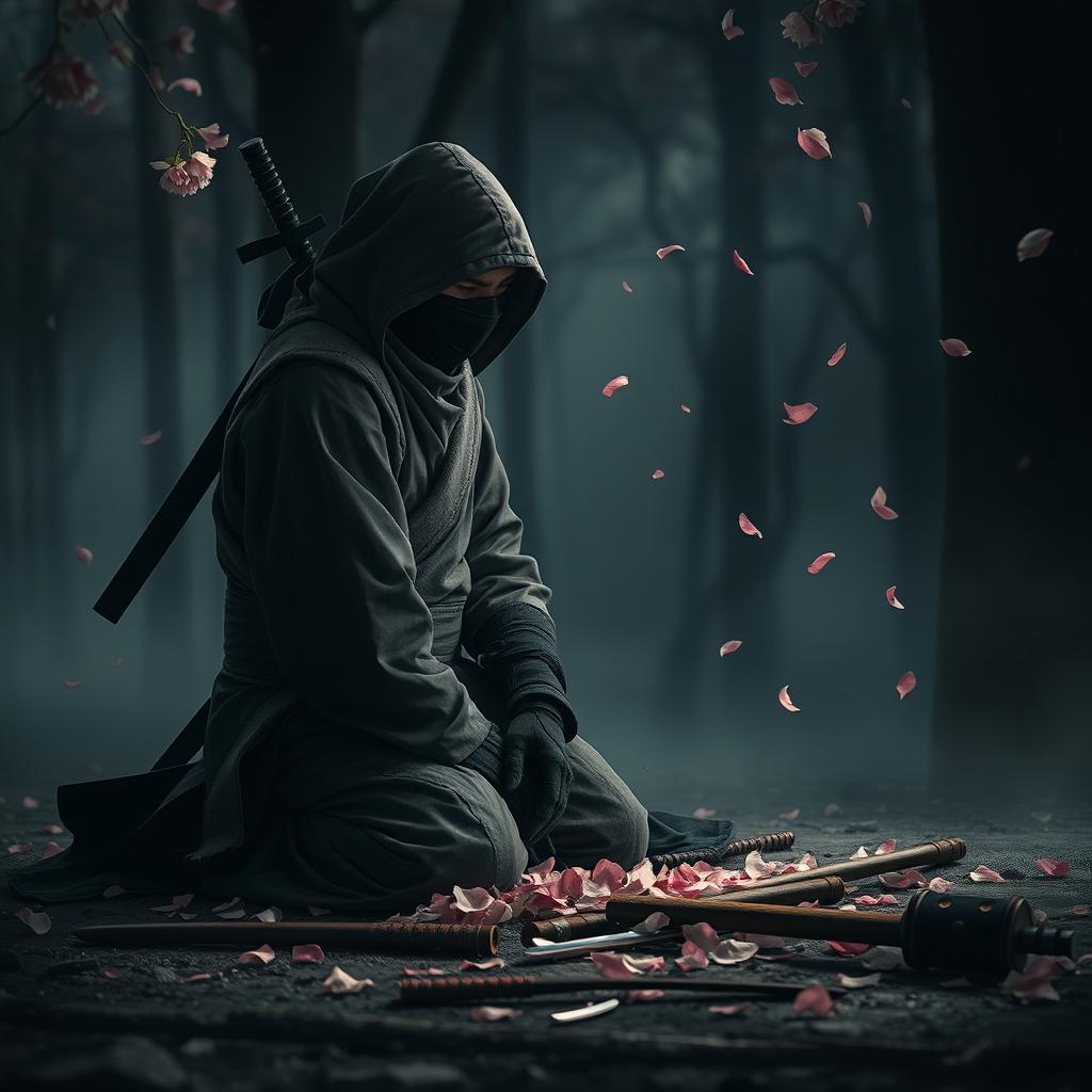 A ninja in a sorrowful pose, kneeling on the ground, surrounded by the remnants of a battle