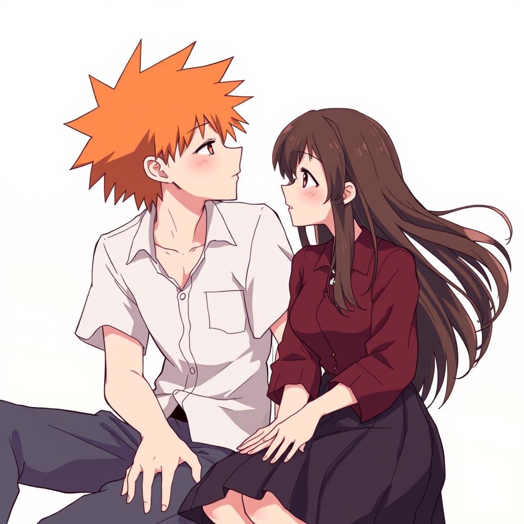An anime-style illustration of a young couple sitting closely together, gazing into each other's eyes with deep emotion