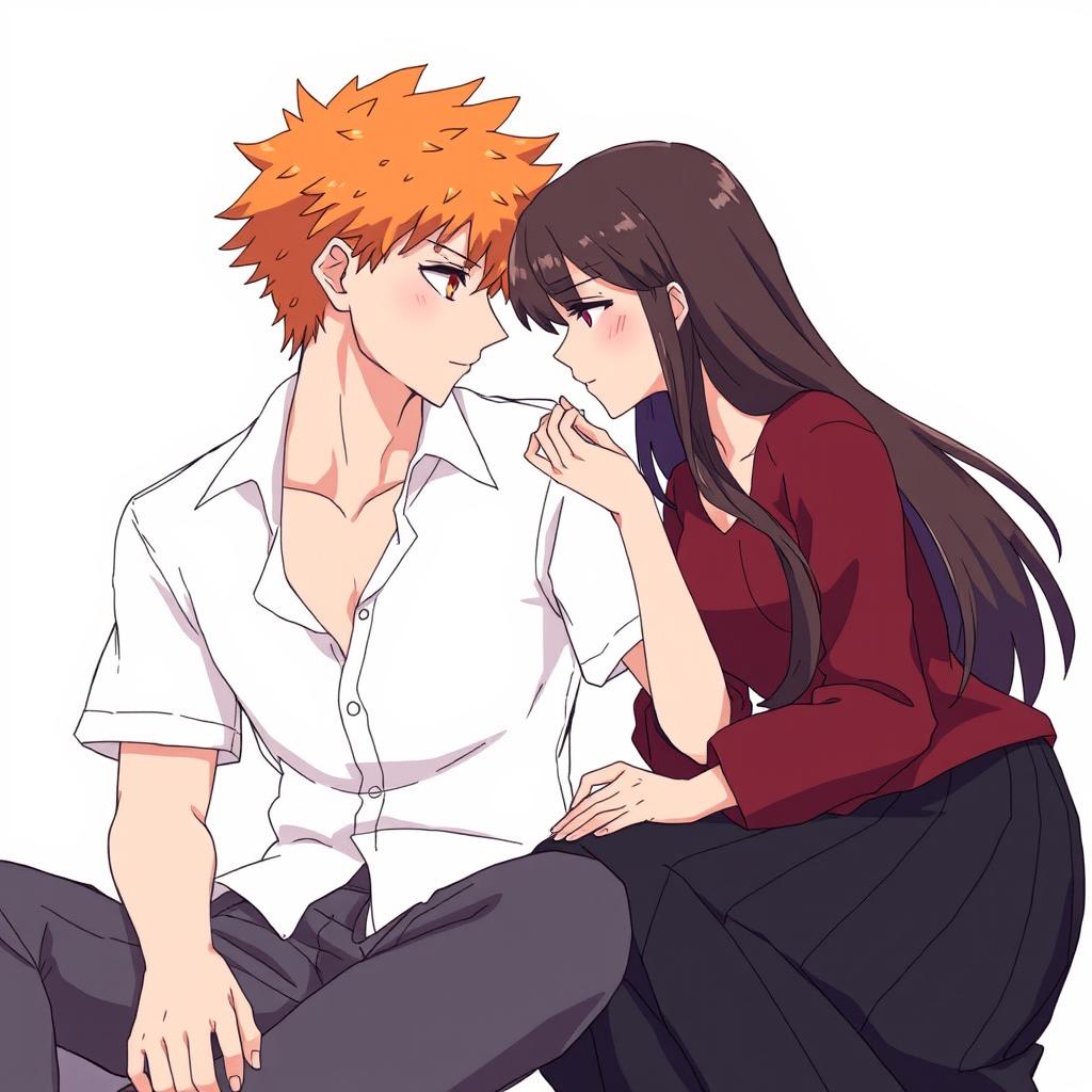 An anime-style illustration of an adult couple sitting closely together, gazing into each other's eyes with deep emotion