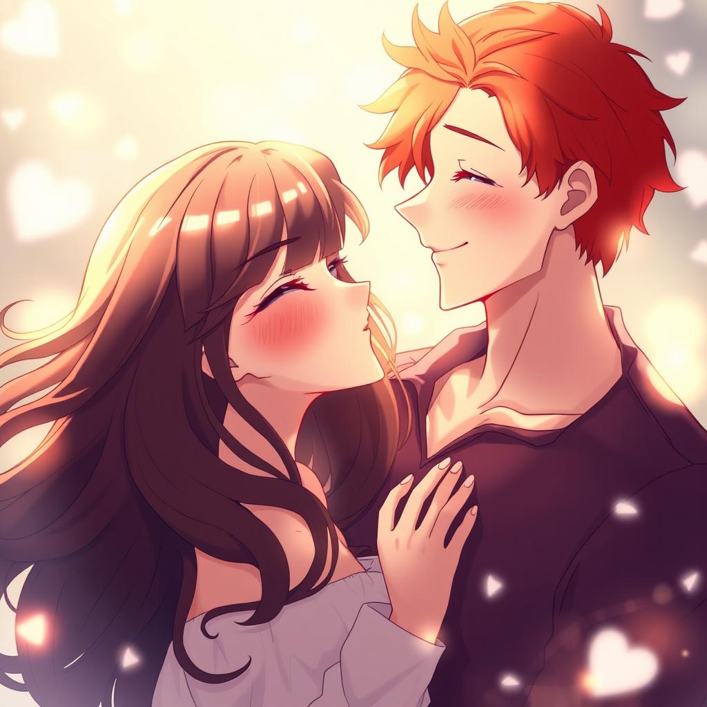 A moment of intimacy between a couple, the man with vibrant red hair and a warm, loving expression, gazing affectionately at the woman