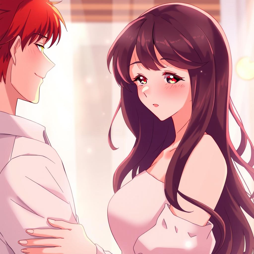 A moment of intimacy between a couple, the man with vibrant red hair and a warm, loving expression, gazing affectionately at the woman