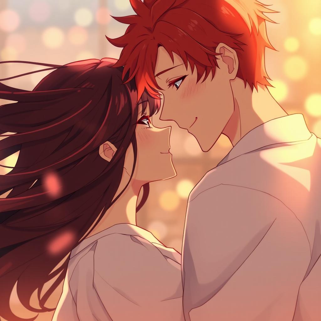 A moment of intimacy between a couple, the man with bright red hair and a warm, loving expression, gazing tenderly at the woman beside him