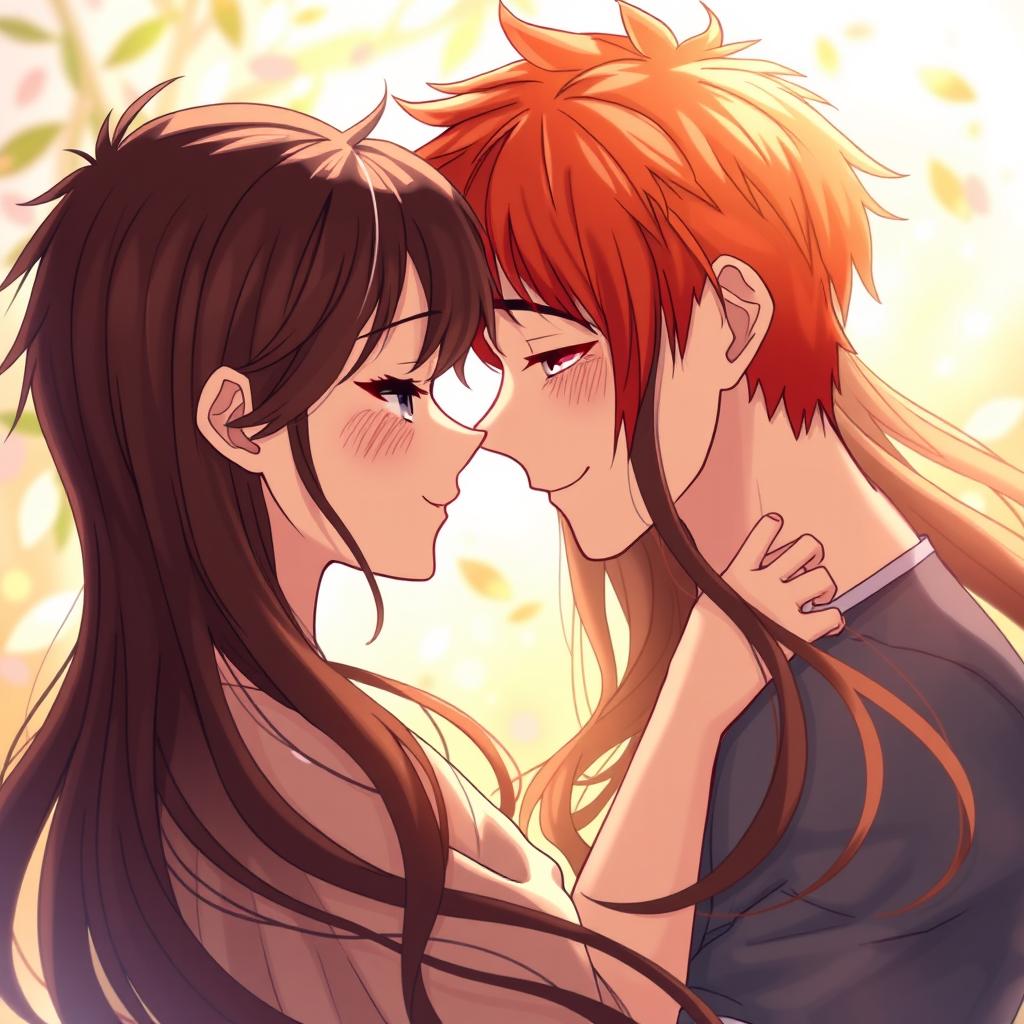 A moment of intimacy captured between a couple, where the man has striking red hair and a warm, loving expression on his face