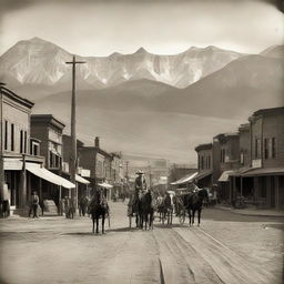 Calgary, Alberta in the 1900s during the cowboy era. Display rustic wooden buildings, horse-drawn carriages on dusty streets, men in cowboy attire, and the Rocky Mountains in the backdrop with a nostalgic sepia-tone effect