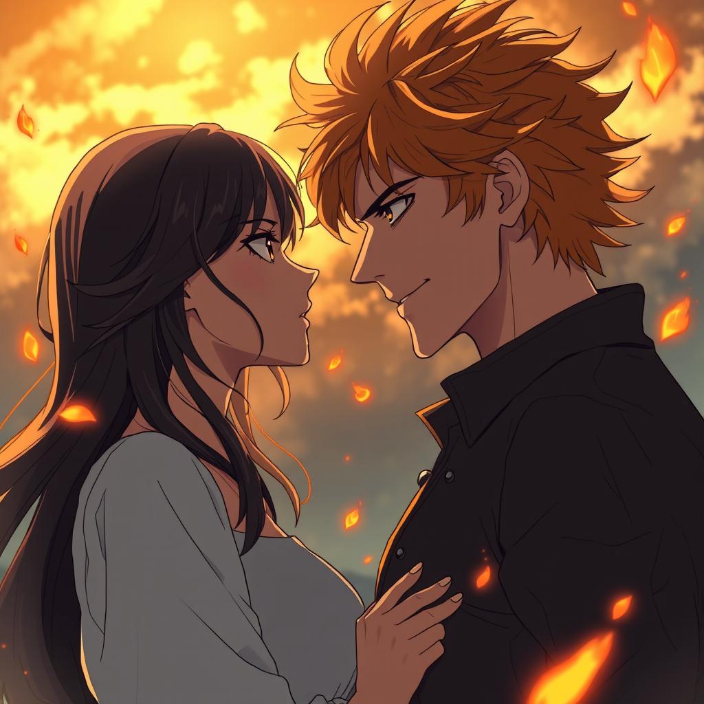 An anime-style romantic scene depicting a couple standing inches apart, immersed in intense tension as if time has momentarily halted before they surrender to their emotions