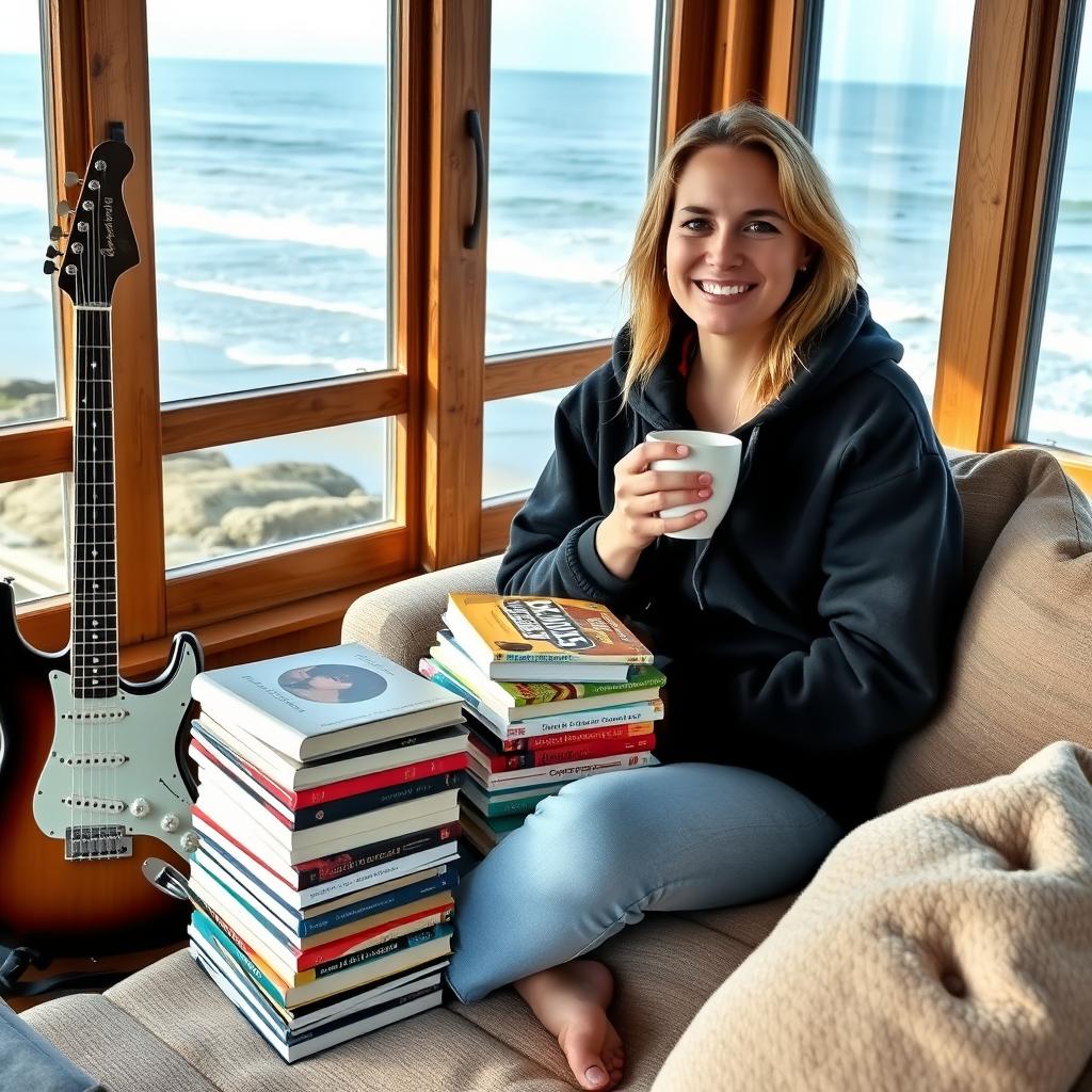 A 35-year-old woman wearing a casual black hoodie is holding a cup of coffee in her hands while sitting beside a stack of colorful books in a cozy seaside room