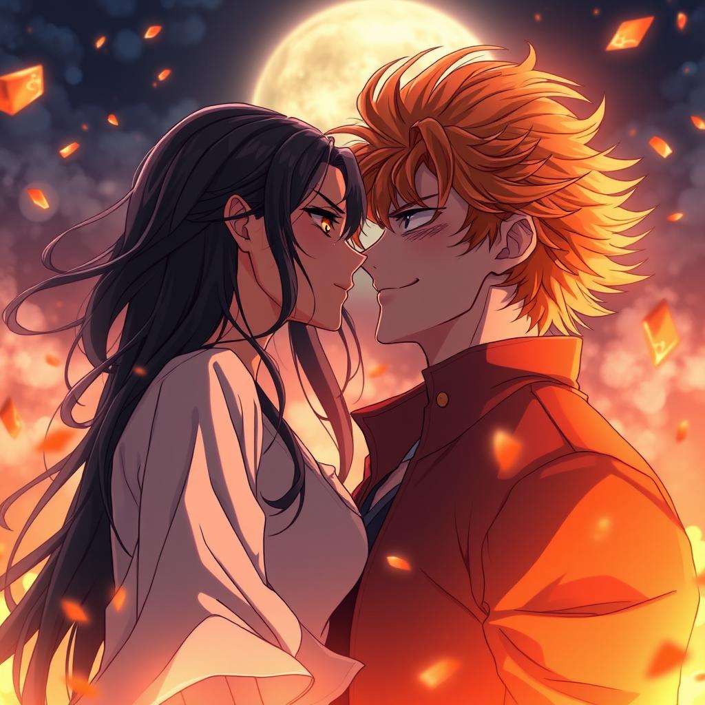 An anime-style romantic scene capturing a couple standing inches apart, immersed in intense tension as if time has stopped just before they give in