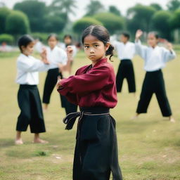 A young girl is learning Silat, a martial art, on a school field together with her friends.