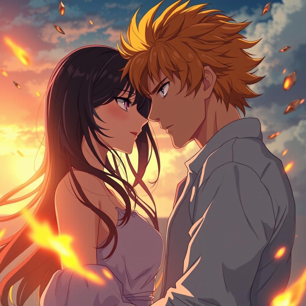 An anime-style romantic scene showcasing a couple standing inches apart, enveloped in intense tension as if time has come to a standstill before they give in to their feelings
