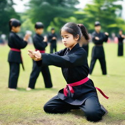 A young girl is learning Silat, a martial art, on a school field together with her friends.