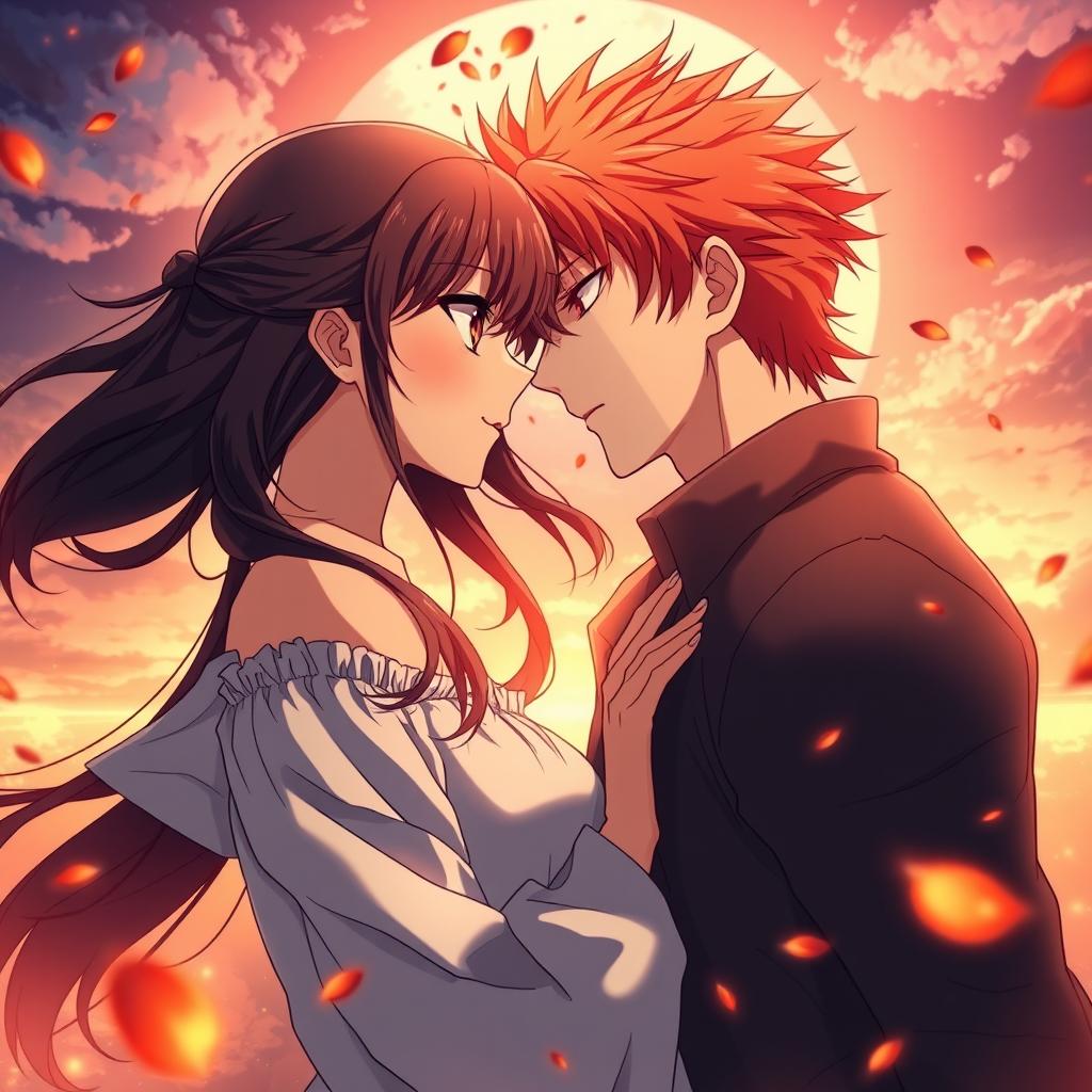 An anime-style romantic scene depicting a couple standing inches apart, enveloped in intense tension as if time has come to a standstill just before they give in