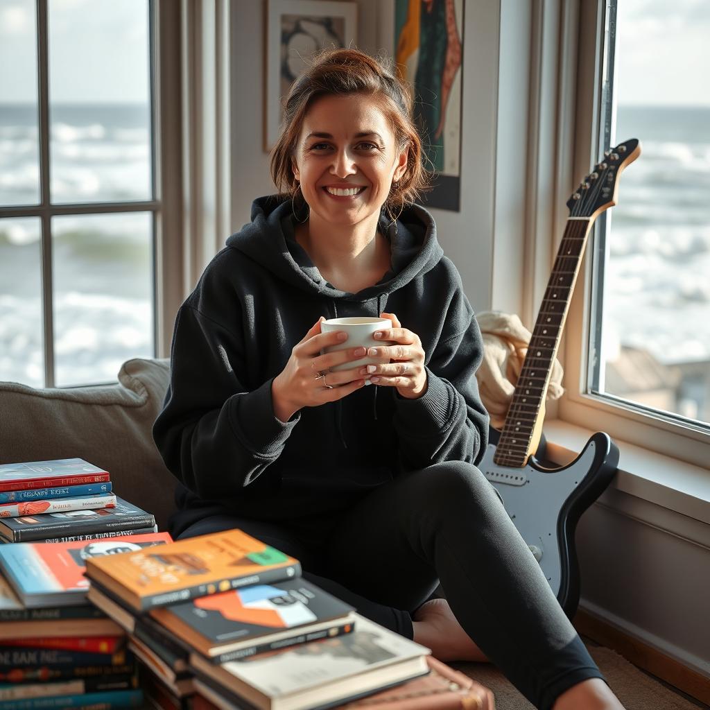 A 35-year-old woman dressed in a comfortable black hoodie is holding a cup of coffee in her hands, sitting beside a colorful array of books in a cozy seaside room