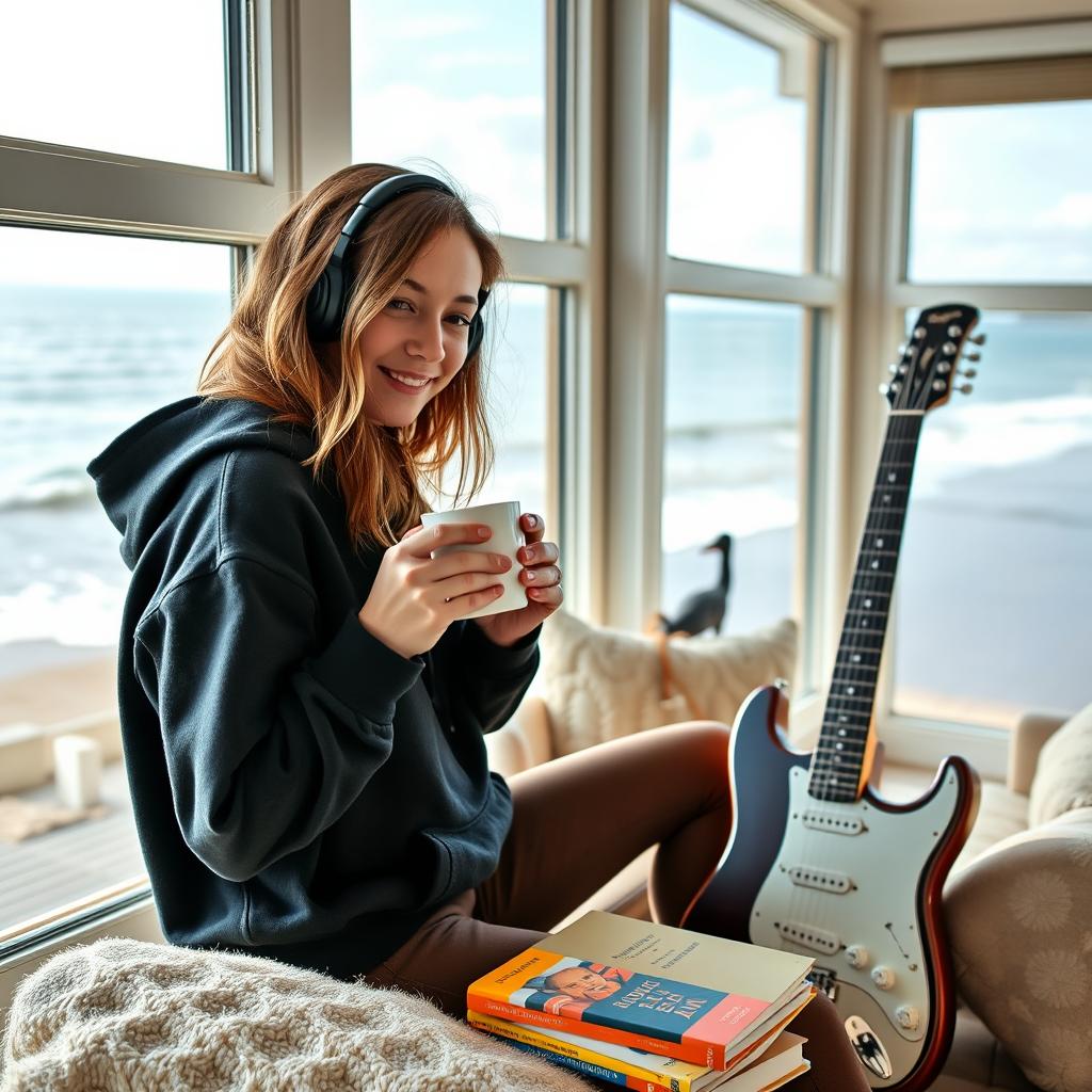 A 35-year-old woman wearing a comfortable black hoodie holds a cup of coffee in her hands while sitting next to a colorful collection of books in a cozy seaside room