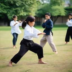 A young girl is learning Silat, a martial art, on a school field together with her friends.