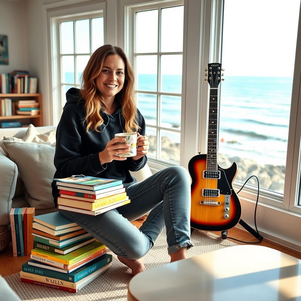A 35-year-old woman dressed in a comfy black hoodie and gray jeans is holding a warm cup of coffee in her hands