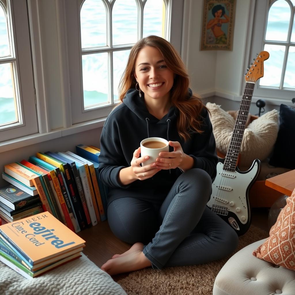 A 35-year-old woman wearing a comfortable black hoodie and gray jeans holds a cup of coffee in her hands, seated beside a colorful collection of books in a seaside room