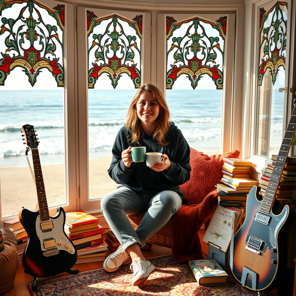 A 35-year-old woman dressed in a stylish black hoodie and gray jeans is holding a steaming cup of coffee in her hands, sitting beside a vibrant assortment of books in a charming seaside room adorned with beautiful Persian windows