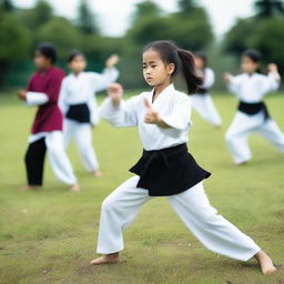 A young girl is learning Silat, a martial art, on a school field together with her friends.