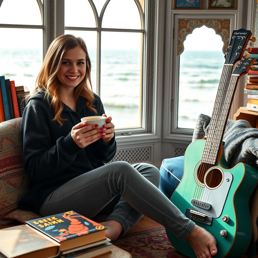 A 35-year-old woman dressed in a cozy black hoodie and gray jeans holds a steaming cup of coffee in her hands, seated next to a vibrant assortment of books in a seaside room