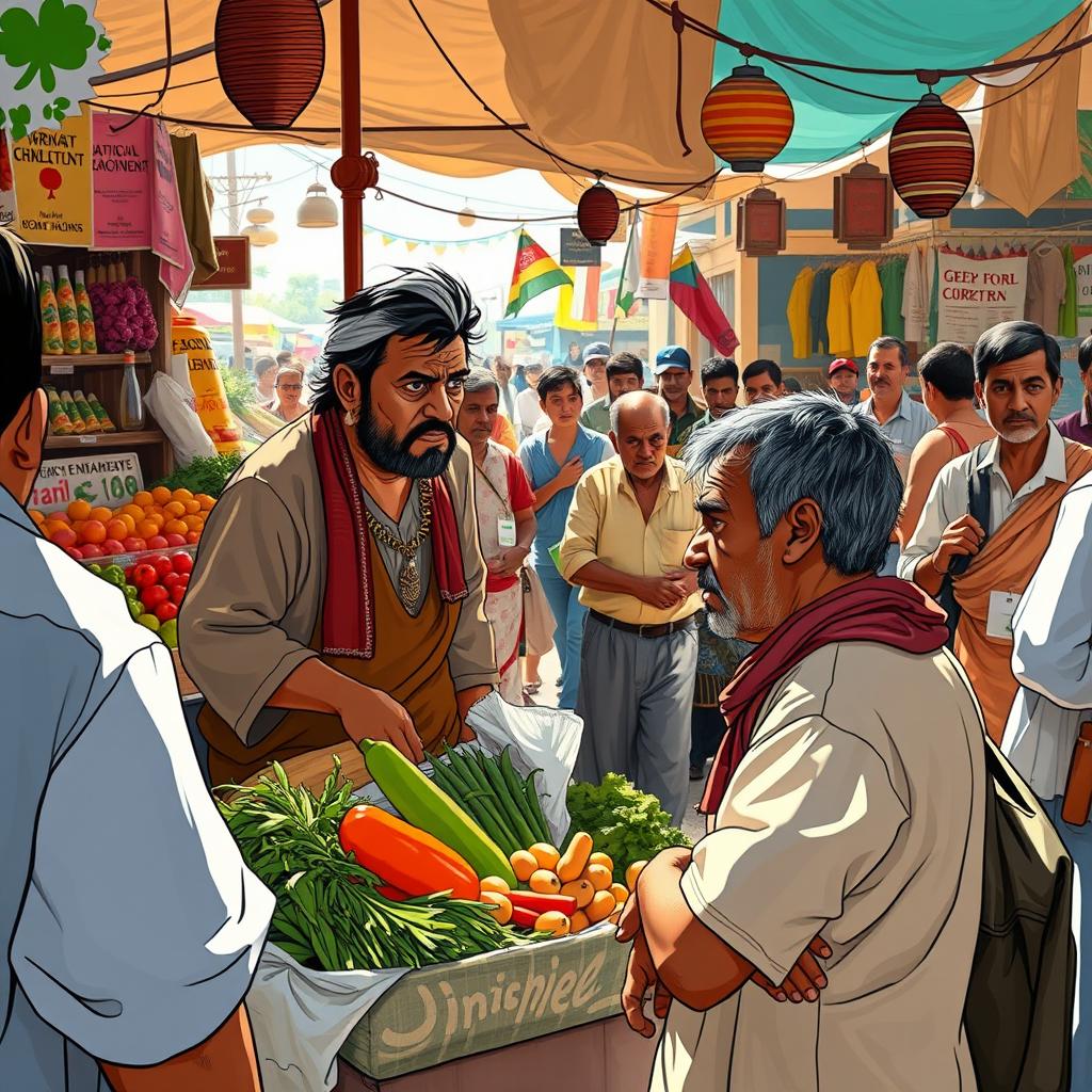 A bustling market scene filled with various stalls and colorful goods, where a merchant is accusing a poor man of stealing