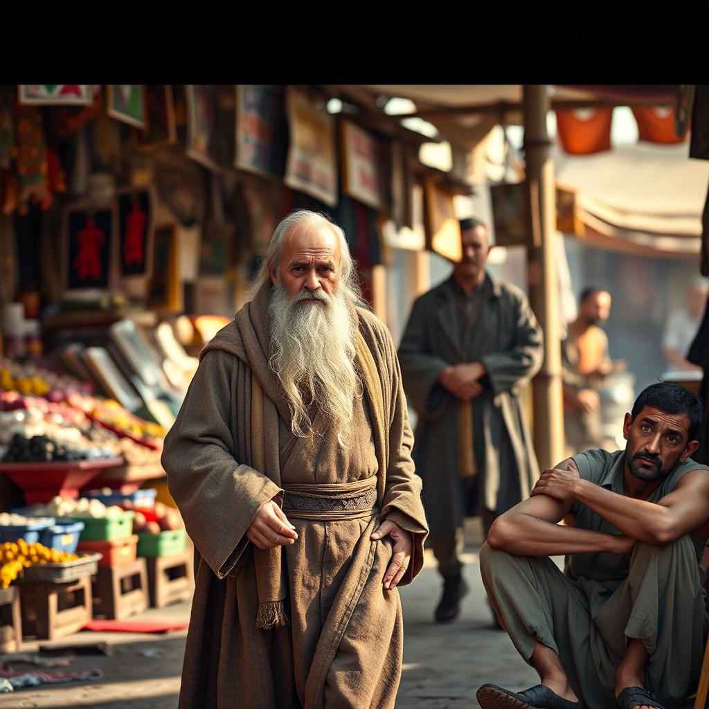 A wise man with a long beard and dignified attire walking past a distressed merchant, who looks worried and anxious, and a poor man sitting on the ground with his arms crossed and a sad expression, accused of theft