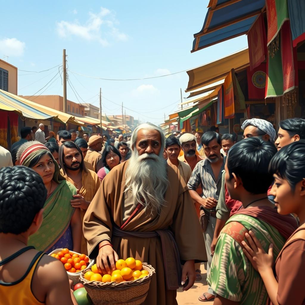 An old wise man walking through a bustling market, surrounded by colorful stalls and diverse people engaging in trade