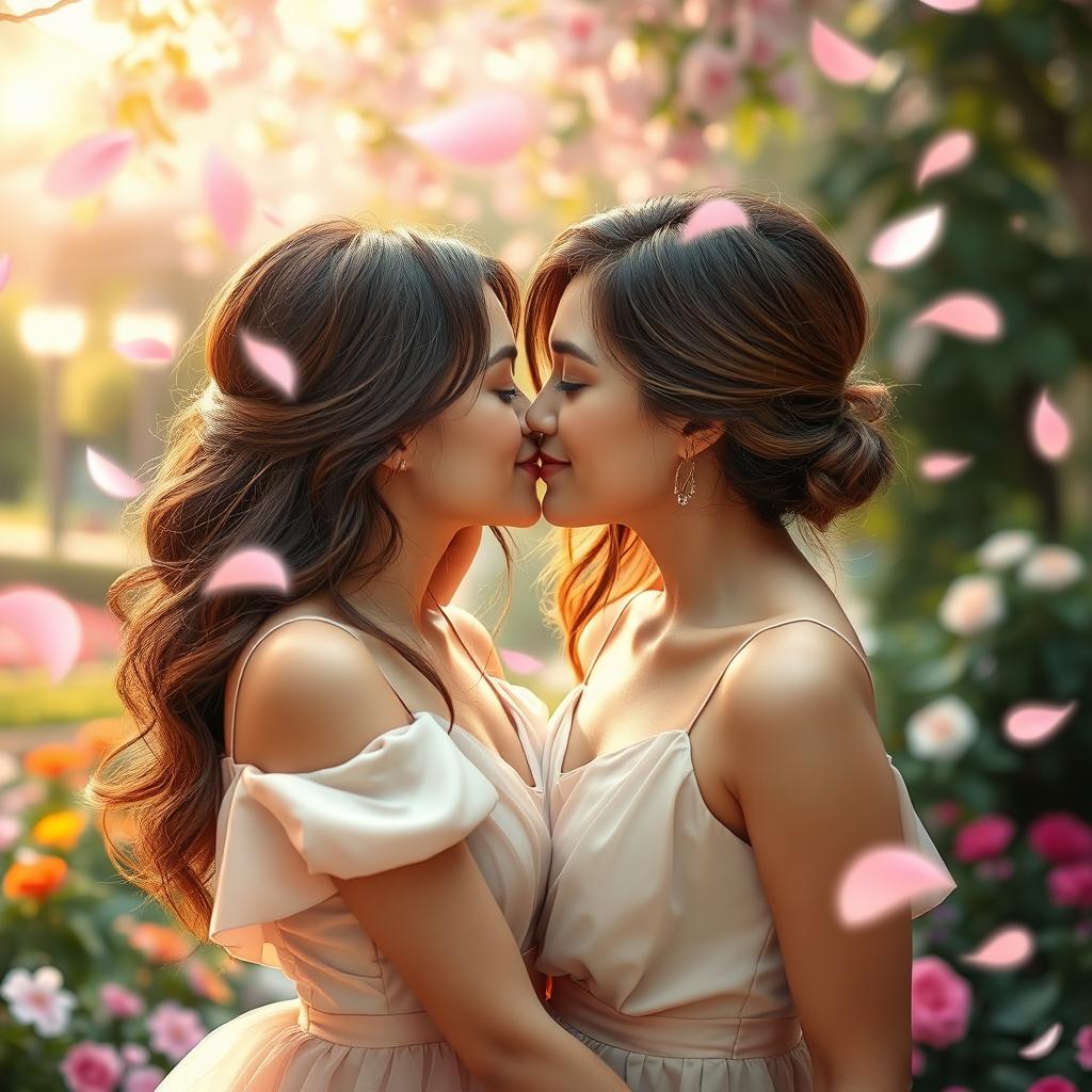 Two beautiful young women sharing a passionate kiss, their eyes gently closed, with soft smiles on their faces, surrounded by a dreamy, romantic atmosphere filled with floating petals and soft, glowing lights